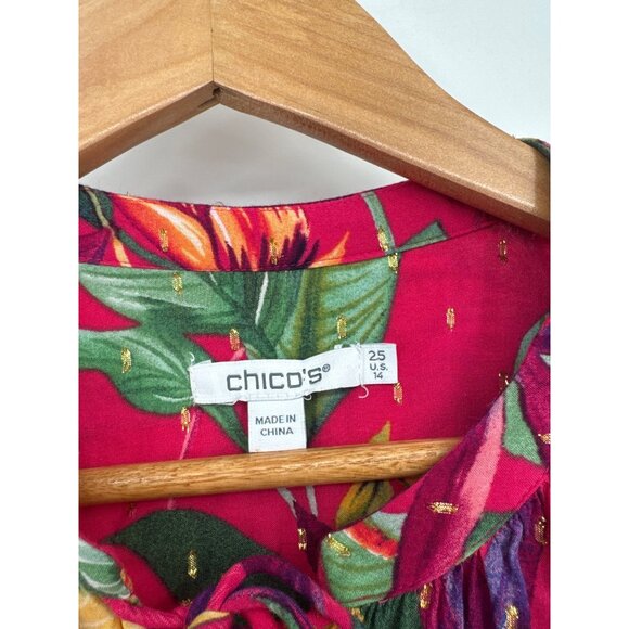 Chicos 2.5 Tropical Floral BlouseTassels pink Rayon Blend Size 14 Womens - Picture 3 of 5